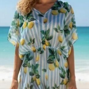 West Loop Women's Sheer Beach Swimsuit Cover Up Lemons & Blue Stripes OSFM NWT